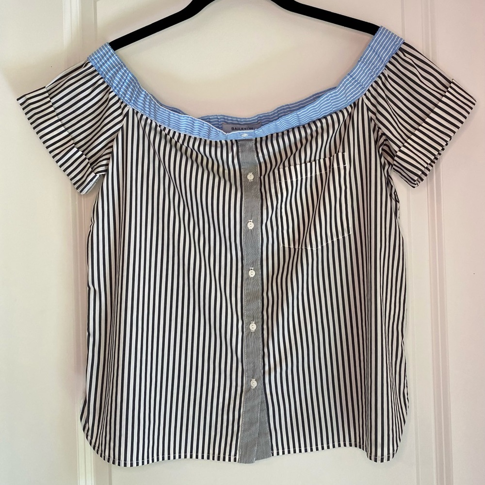 Bailey 44 False Start Off-The-Shoulder Stripe Blouse Black/White/Blue Size 6
